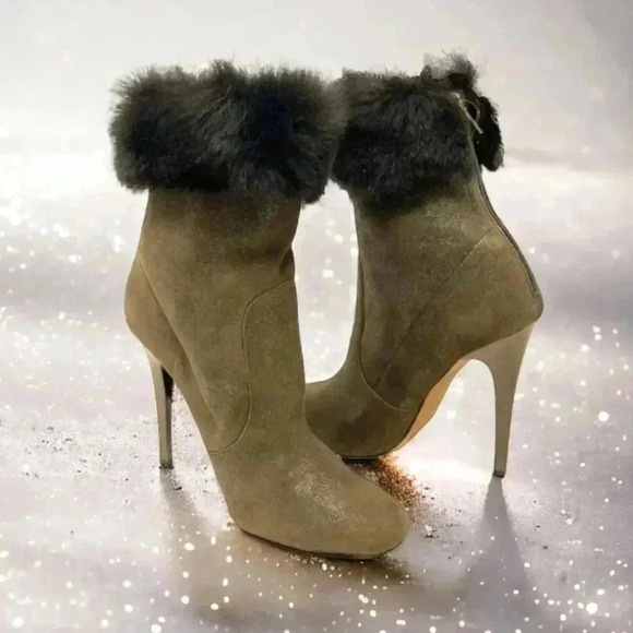Jimmy Choo Gray Lamb Suede Faux Fur Anthracite Stiletto Ankle Boots  Size 8.5 - Picture 1 of 13